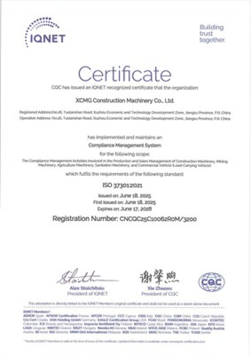 XCMG Machinery Achieves Dual ISO 37301 and GB/T 35770 Compliance Certifications, Reinforcing Global Governance Leadership