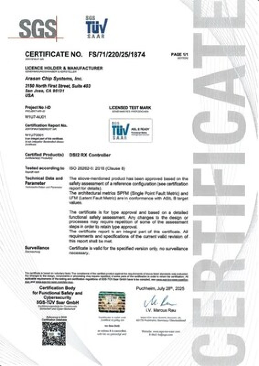 Arasan MIPI DSI-2 Rx Controller achieves ISO 26262 ASIL-B Certification